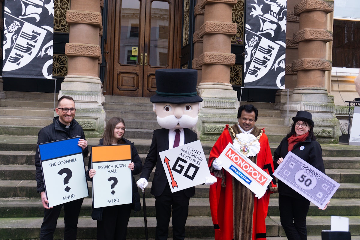 Mr Monopoly outside the Town Hall with Ipswich Central, the Mayor of Ipswich and Tom Mumford